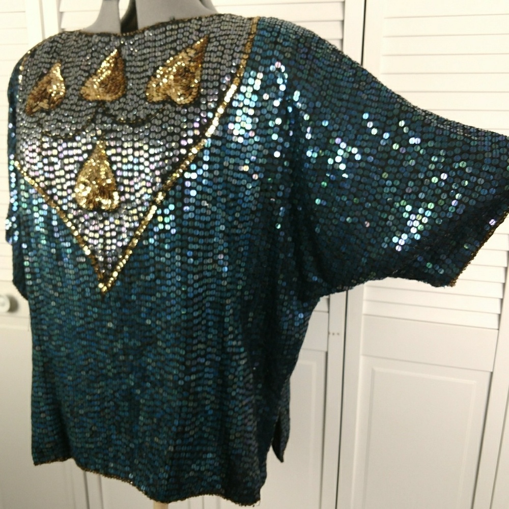 SOLD Vintage 100% silk sequin heart blouse 2X - Picture 4 of 8